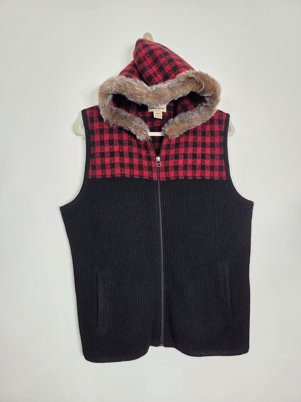 Woolrich 100% Lambswool Hooded Vest Buffalo Plaid Faux Fur Trim Black Women's XL